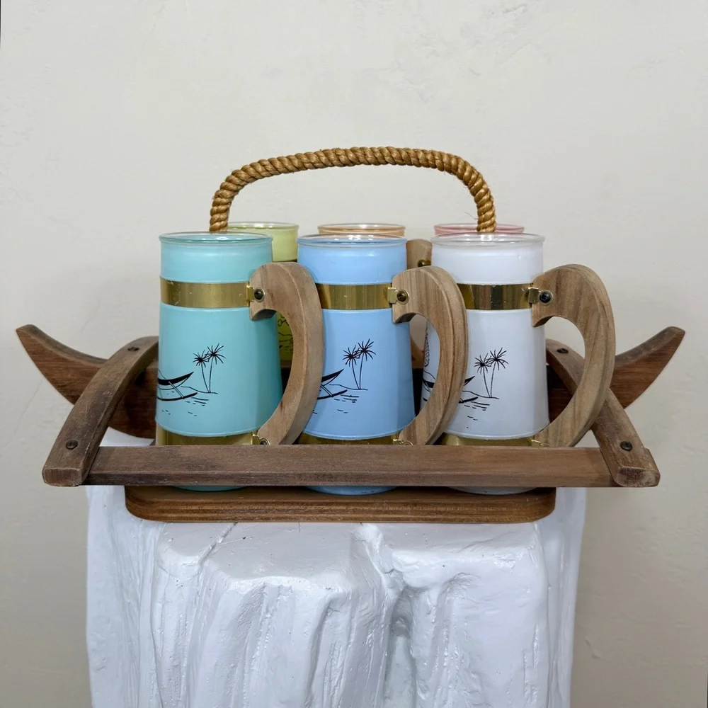 Vintage Siesta Ware Set of 6 Hawaiian Tiki Mugs & Wood Outrigger Canoe Carrier